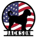 Goldendoodle silhouette metal sign with an American flag background and bold circular outline