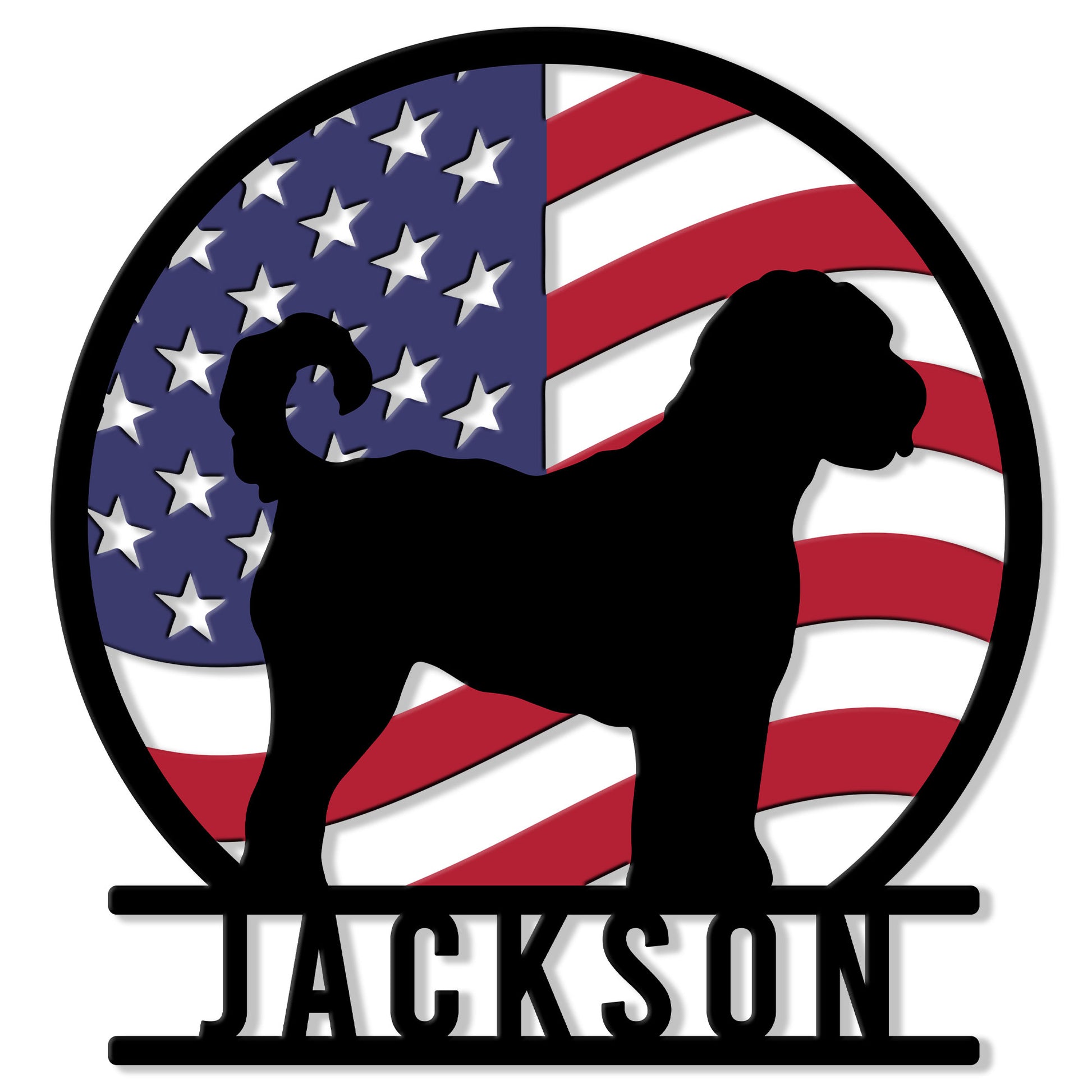 Goldendoodle silhouette metal sign with an American flag background and bold circular outline