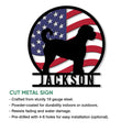 Patriotic Goldendoodle metal sign shown in a product feature graphic with its circular silhouette design