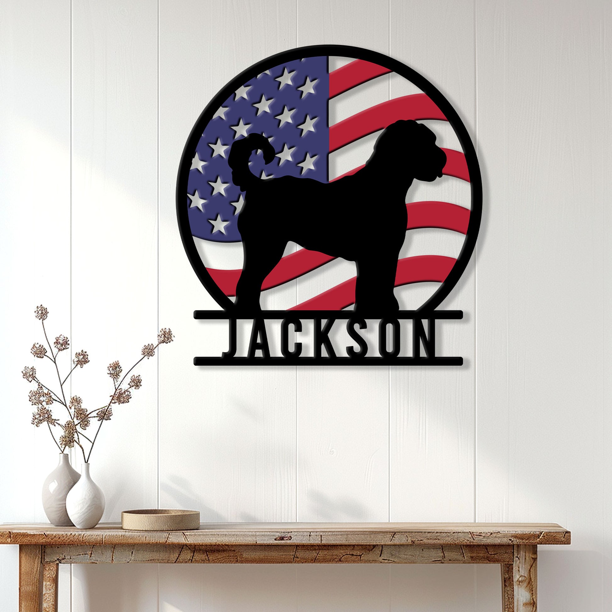 Goldendoodle American flag metal sign displayed as patriotic wall decor above a wood console table
