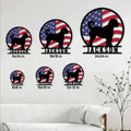 Goldendoodle metal sign size guide showing multiple circular sign sizes in a bright living room