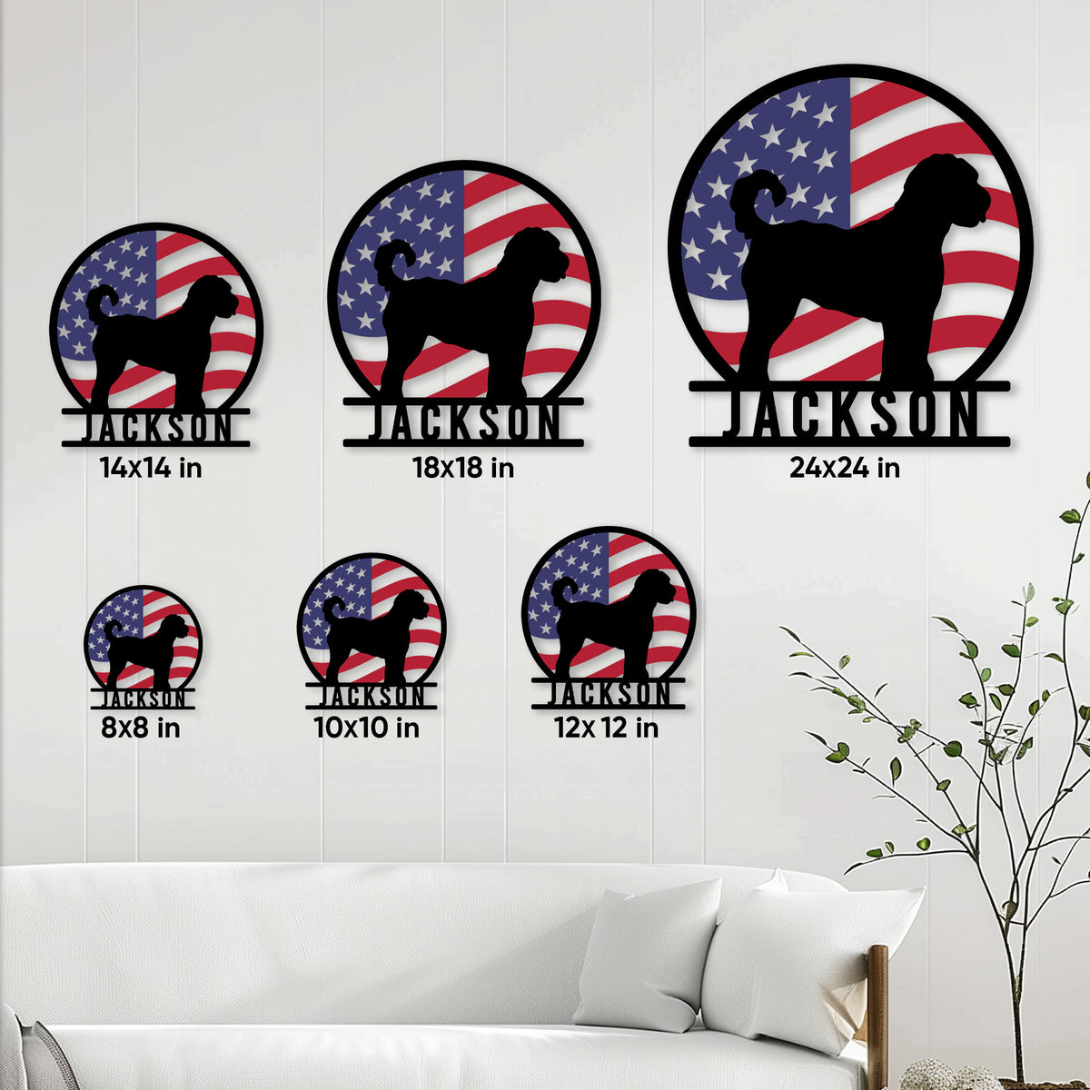 Goldendoodle metal sign size guide showing multiple circular sign sizes in a bright living room