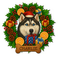 Custom husky metal sign featuring a blue-eyed dog in a Santa hat surrounded by holiday greenery and gifts