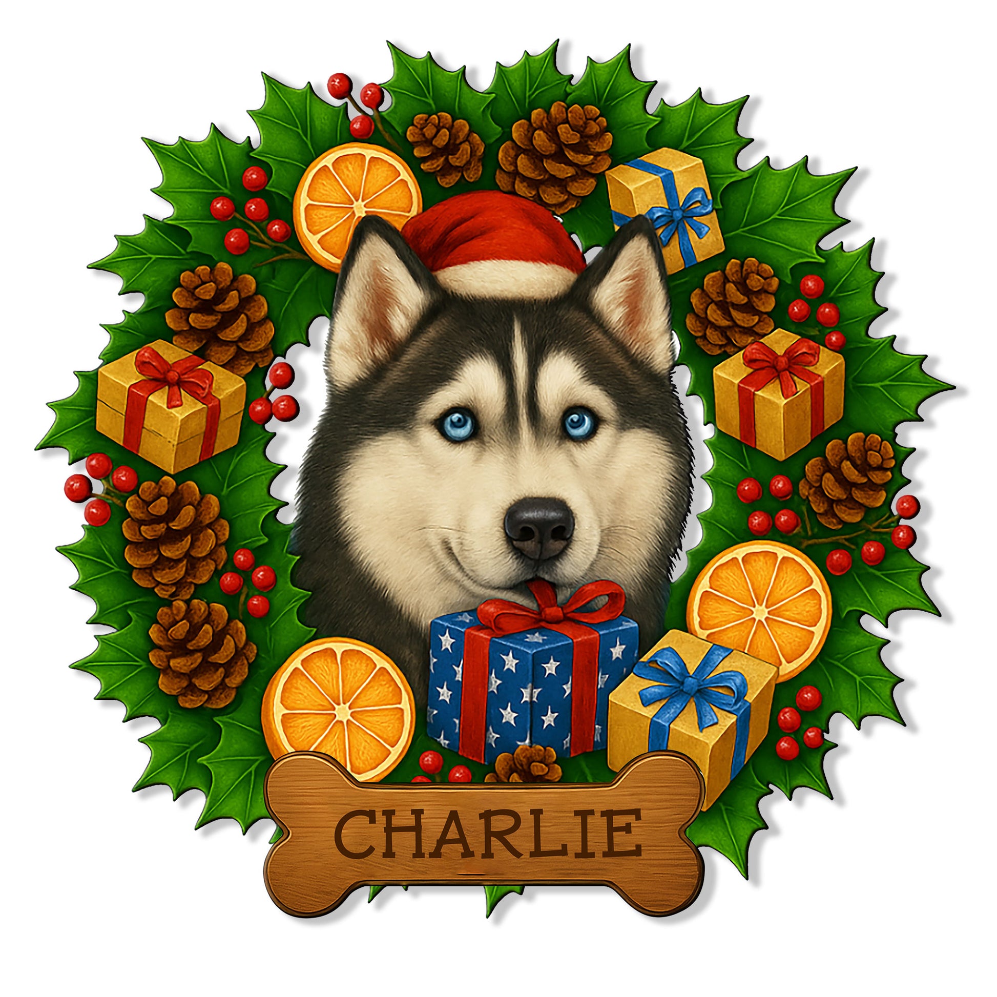 Custom husky metal sign featuring a blue-eyed dog in a Santa hat surrounded by holiday greenery and gifts