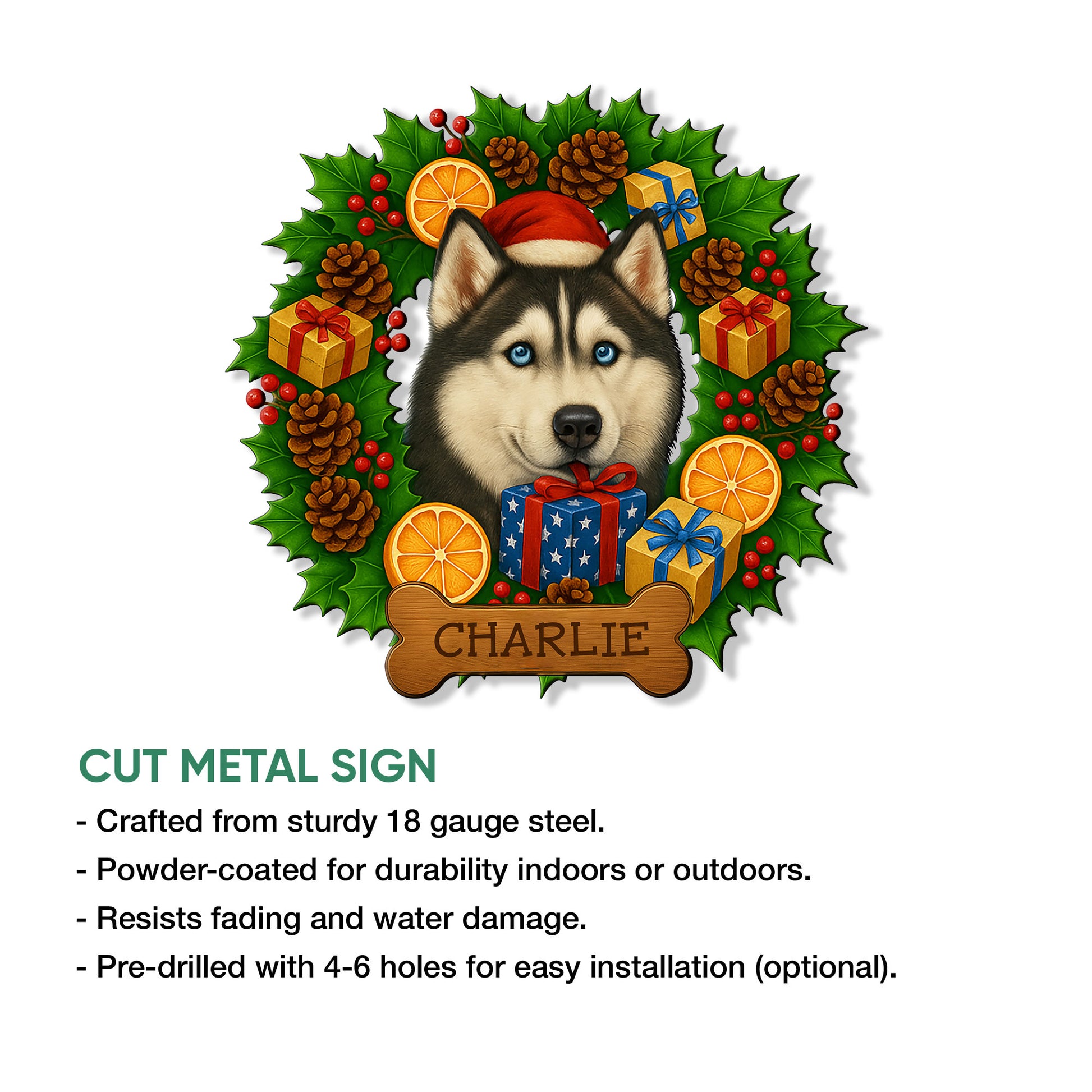 Husky Christmas metal sign shown with cut-steel product details and a festive dog design
