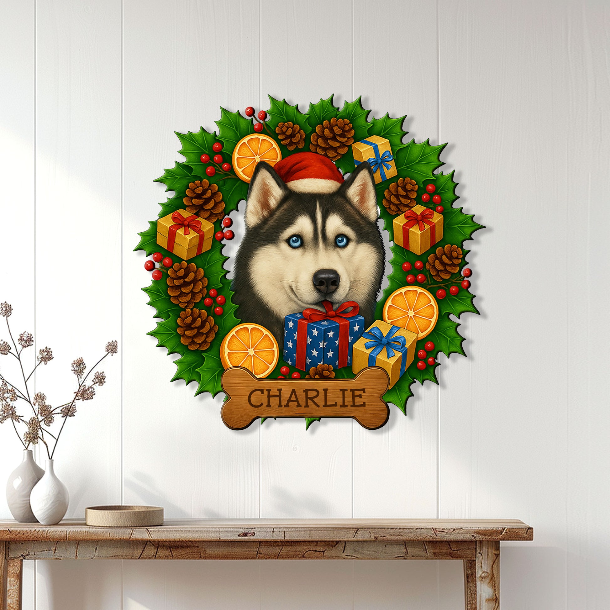 Husky holiday wall sign displayed on a white paneled wall above a console table