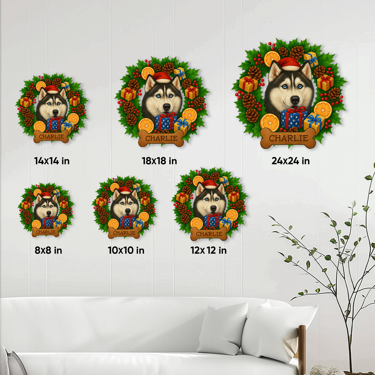 Husky Christmas metal sign size guide showing six available square sizes from 8 by 8 to 24 by 24 inches