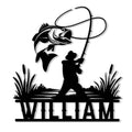 Bass fishing metal sign featuring a largemouth bass, angler silhouette, fishing rod, and lakeside reeds