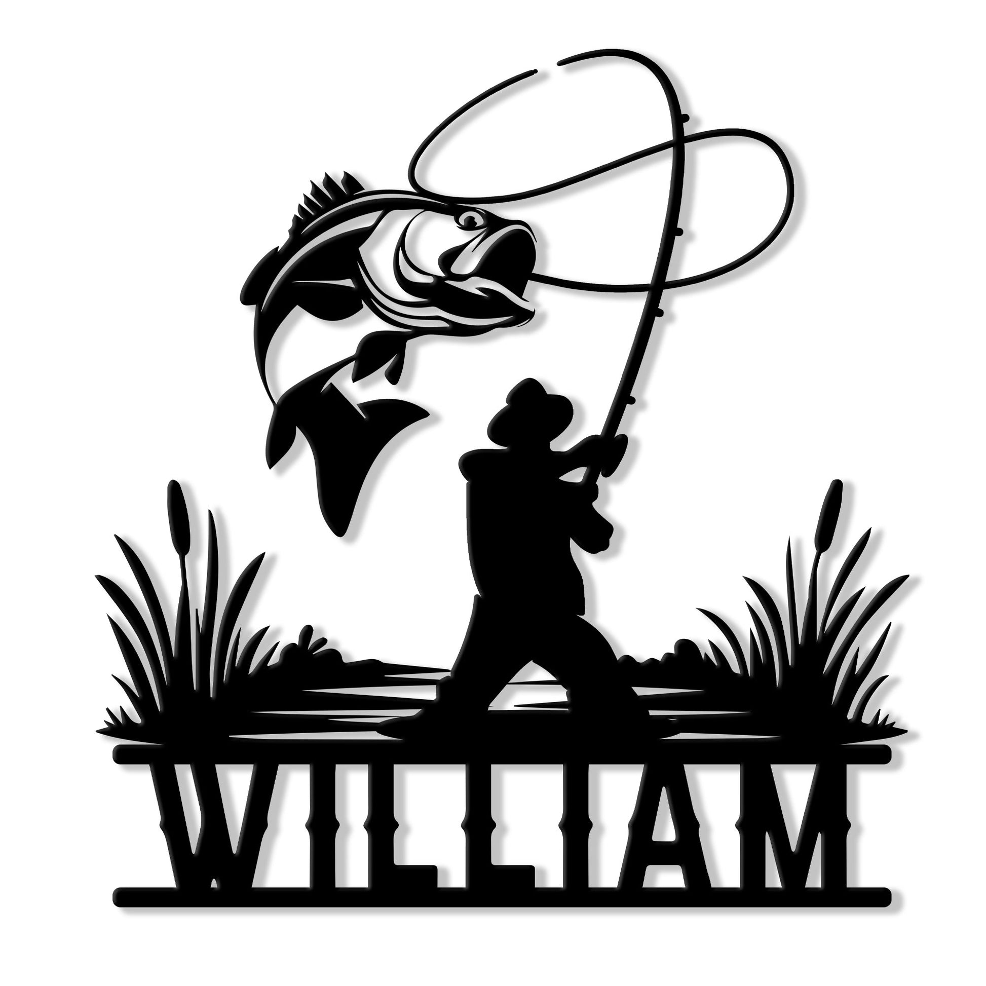 Bass fishing metal sign featuring a largemouth bass, angler silhouette, fishing rod, and lakeside reeds