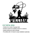 Bass fishing metal sign feature graphic showing an angler casting toward a leaping largemouth bass
