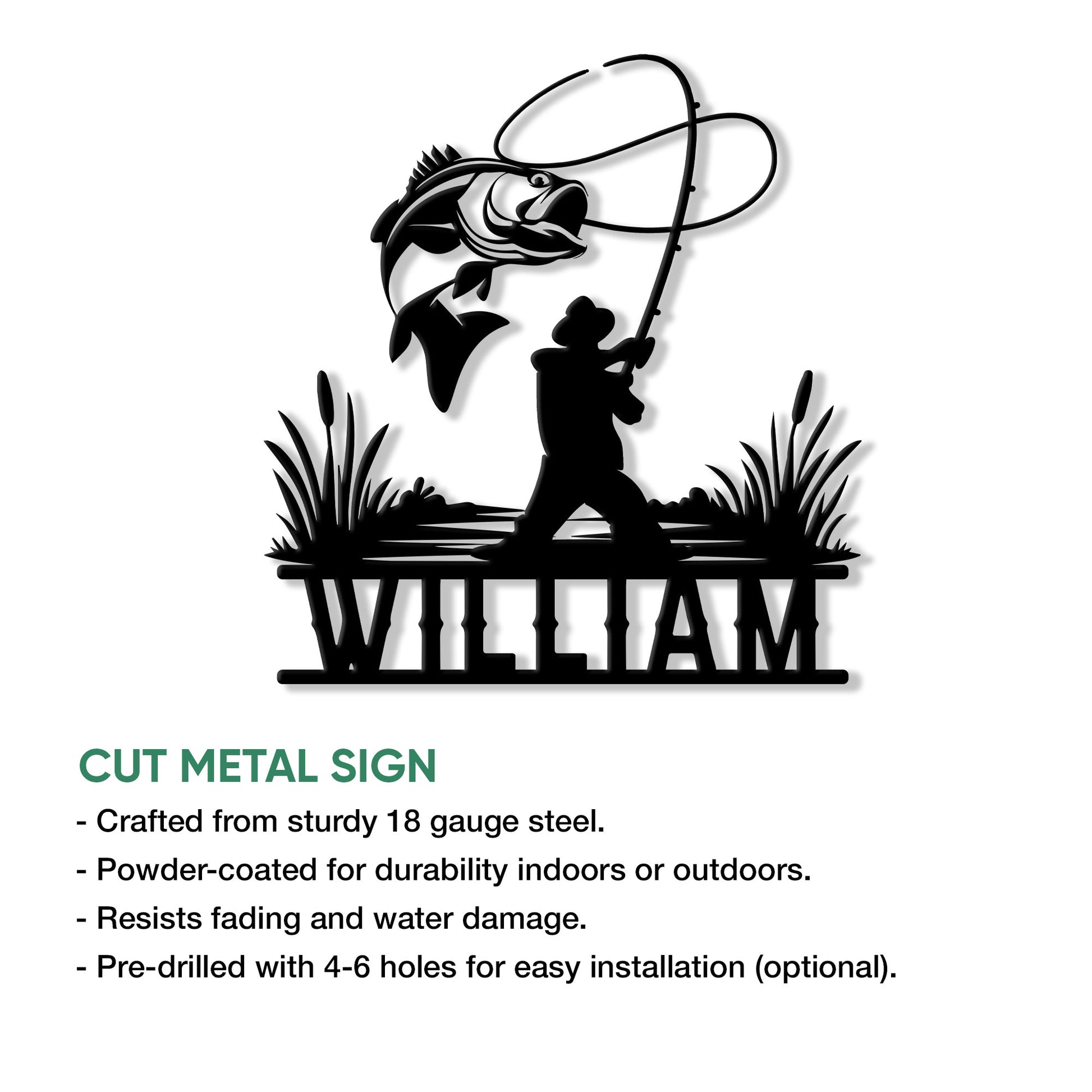 Bass fishing metal sign feature graphic showing an angler casting toward a leaping largemouth bass