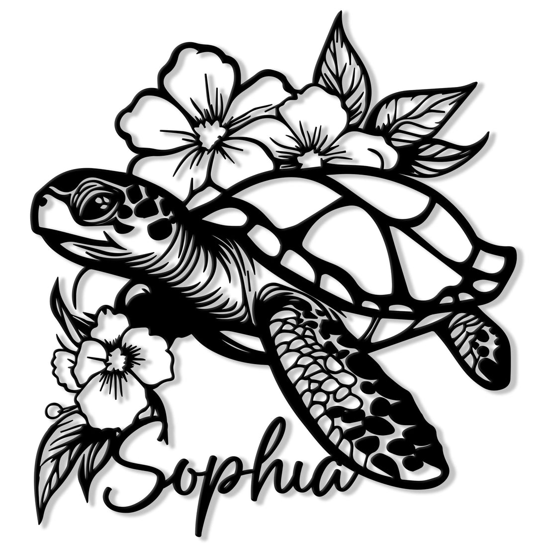 Floral sea turtle metal sign featuring detailed shell artwork, tropical flowers, leafy accents, and a custom design