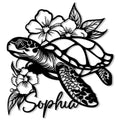 Floral sea turtle metal sign featuring detailed shell artwork, tropical flowers, leafy accents, and a custom design