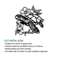 Sea turtle cut metal sign feature graphic showing the floral turtle artwork and product construction details