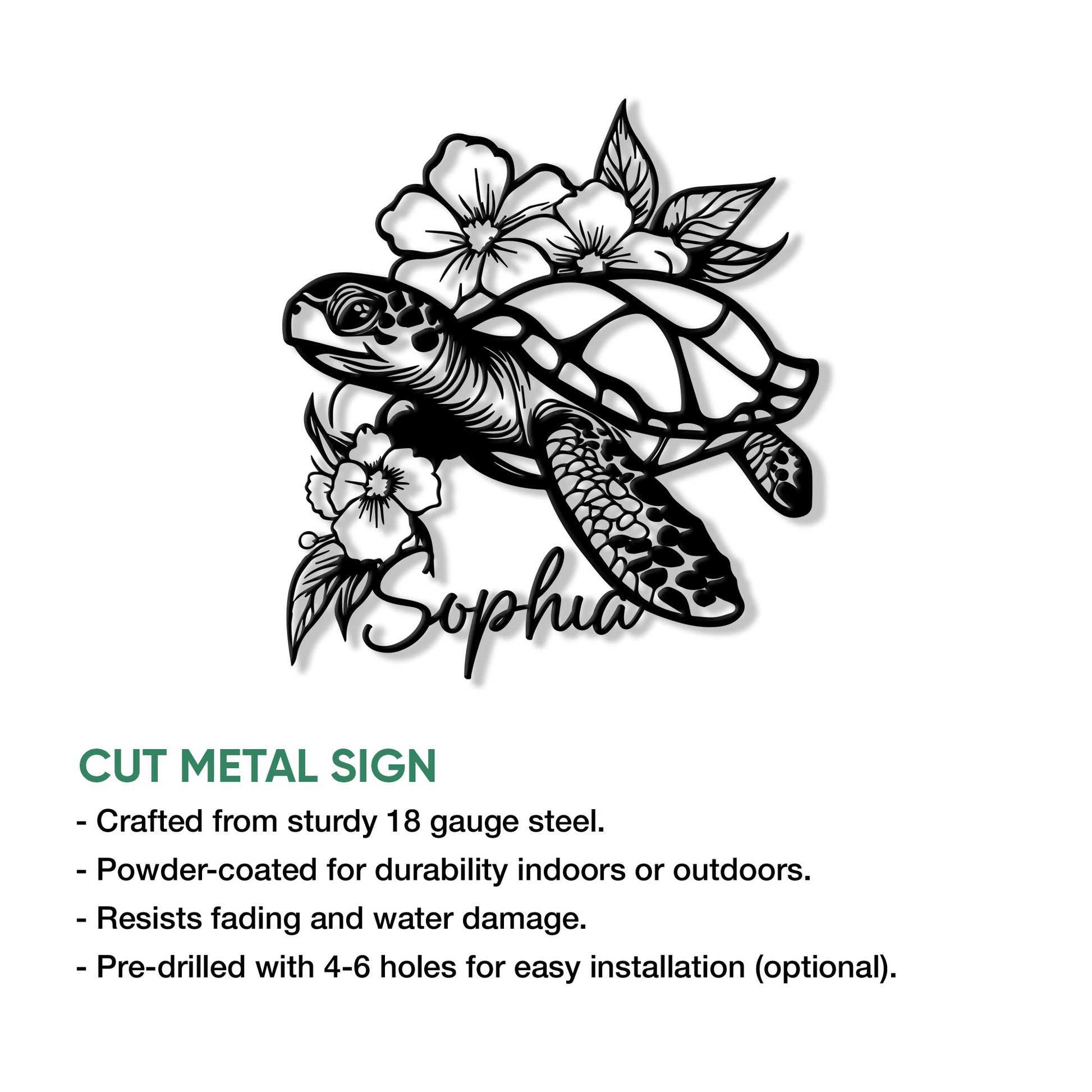Sea turtle cut metal sign feature graphic showing the floral turtle artwork and product construction details