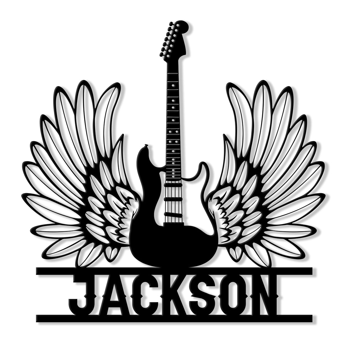 Black guitar metal sign with dramatic wings and a bold custom design for music lovers