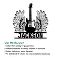 Guitar metal sign feature graphic highlighting cut-metal construction and indoor or outdoor display