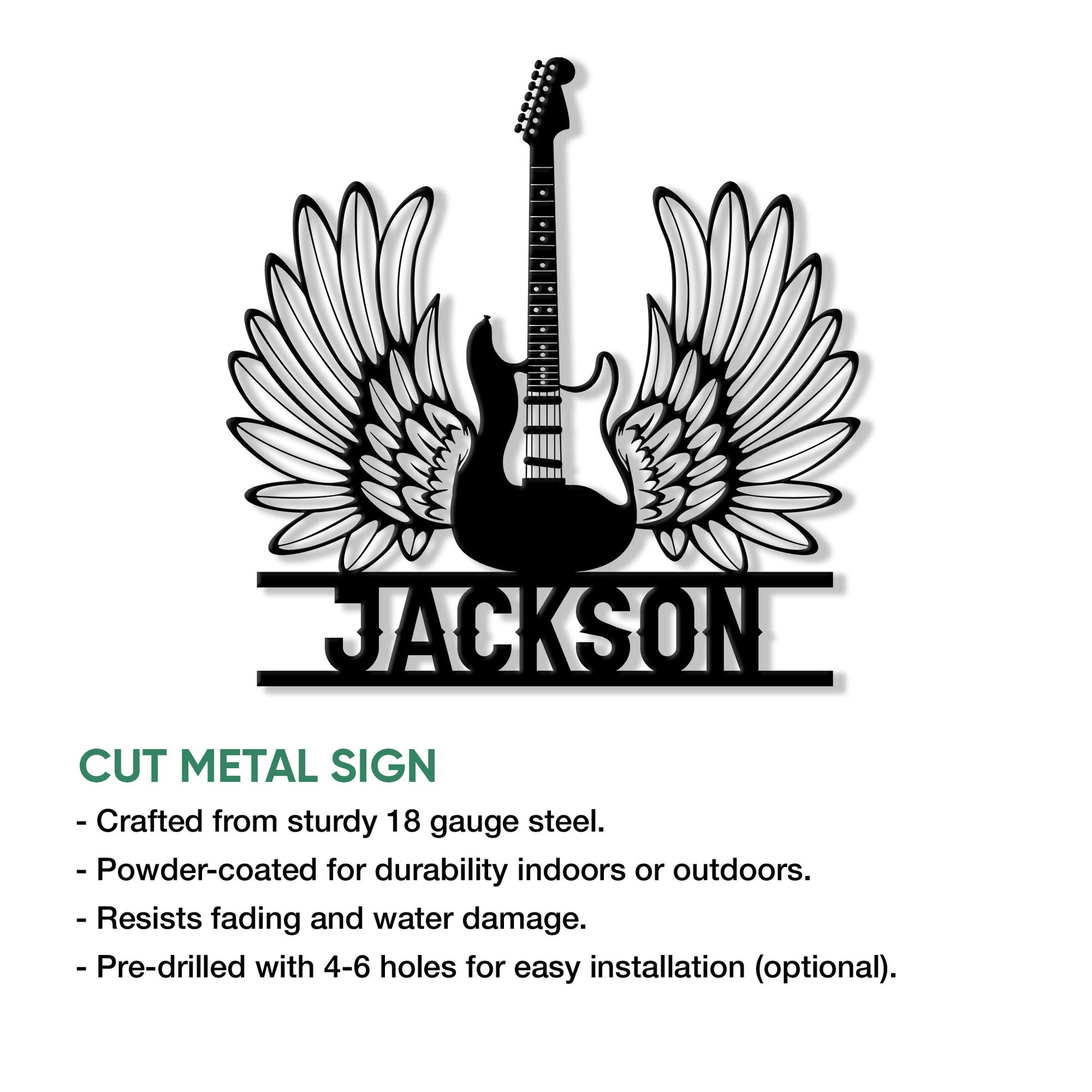 Guitar metal sign feature graphic highlighting cut-metal construction and indoor or outdoor display