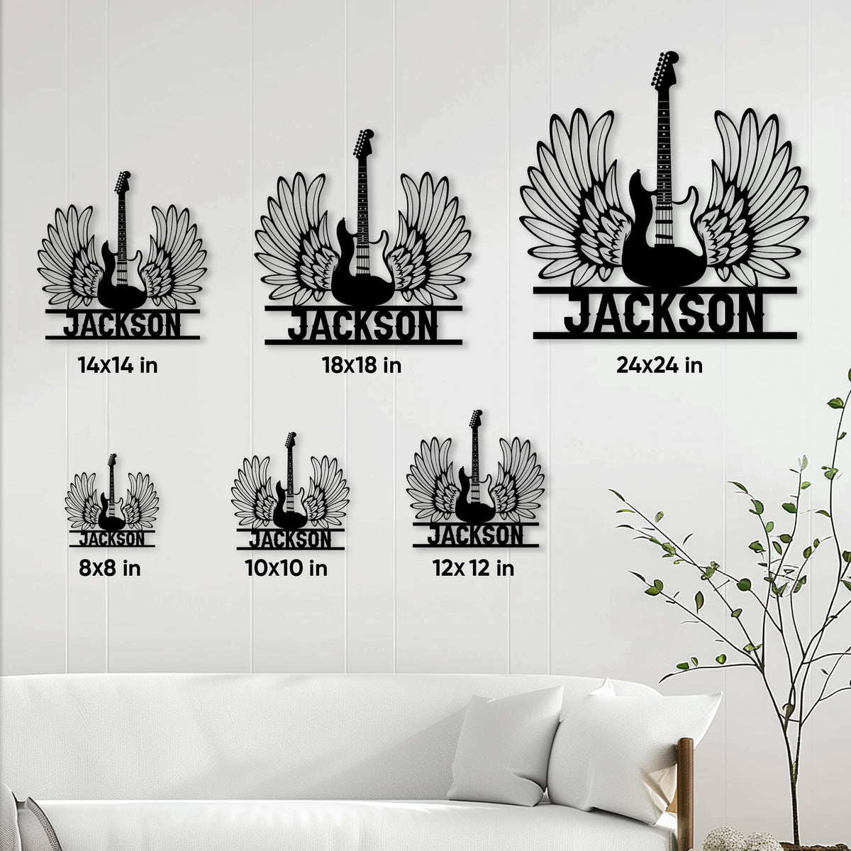 Guitar metal sign size guide showing six available square sizes from 8 by 8 to 24 by 24 inches