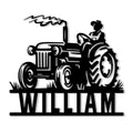 Black metal sign featuring a vintage tractor with a farmer driving across a grassy farm scene