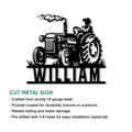 Vintage tractor and farmer cut metal sign shown with product feature details