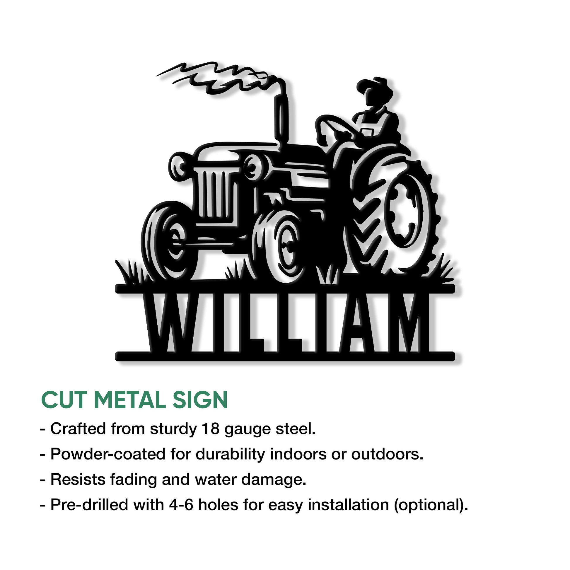Vintage tractor and farmer cut metal sign shown with product feature details