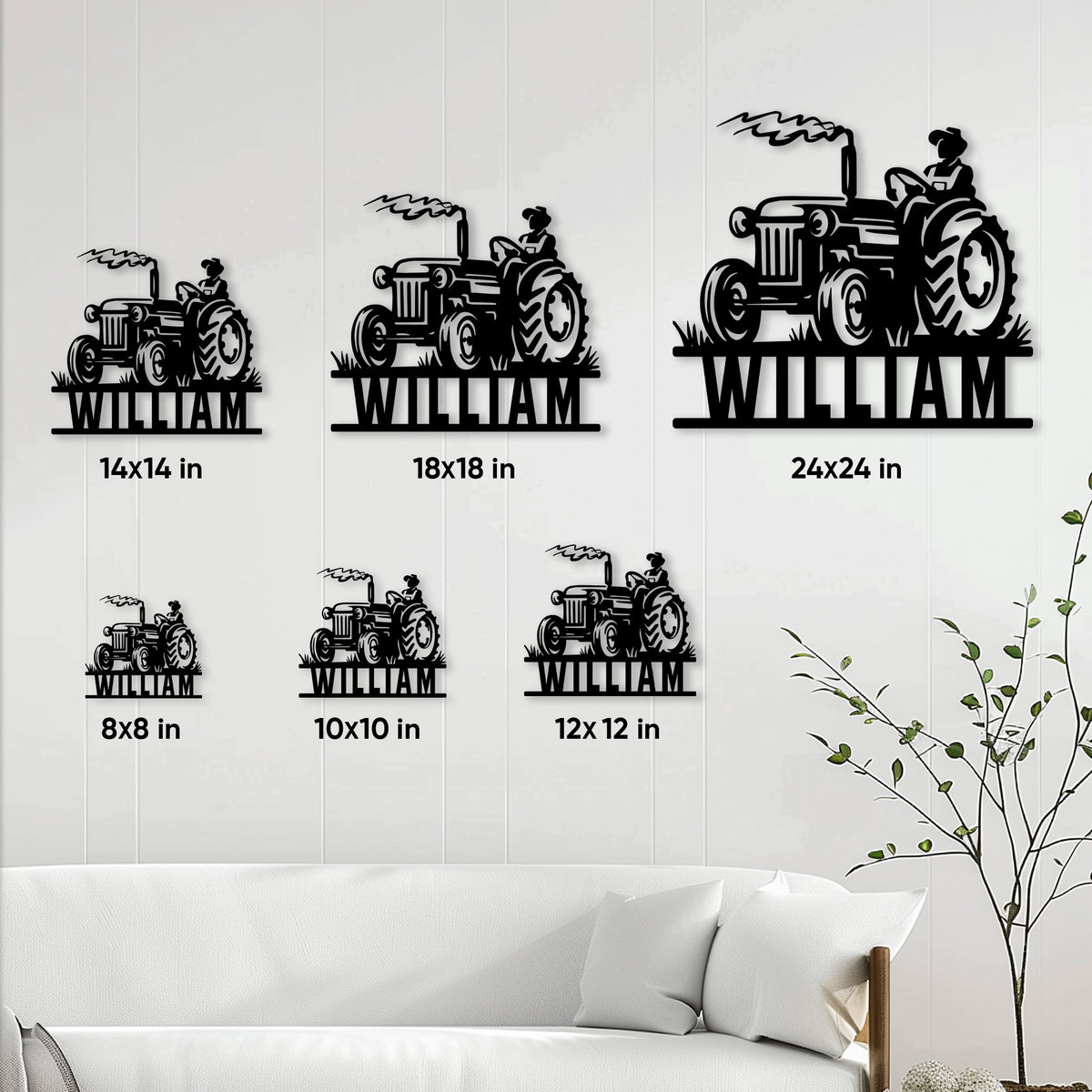 Tractor metal sign shown in multiple size options for comparing wall decor scale