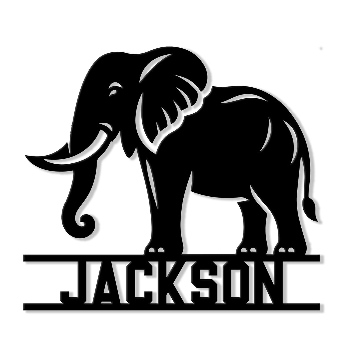 Bold black elephant silhouette metal sign with tusks and a custom design for wall decor