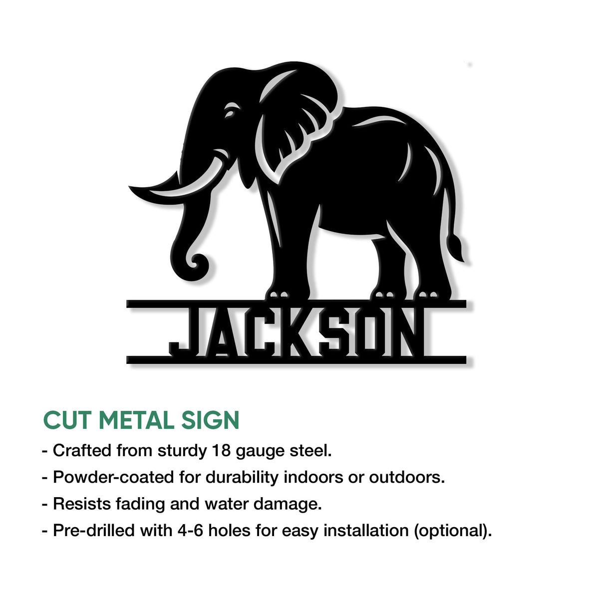 Elephant metal sign product graphic showing the cut silhouette design and indoor or outdoor display use