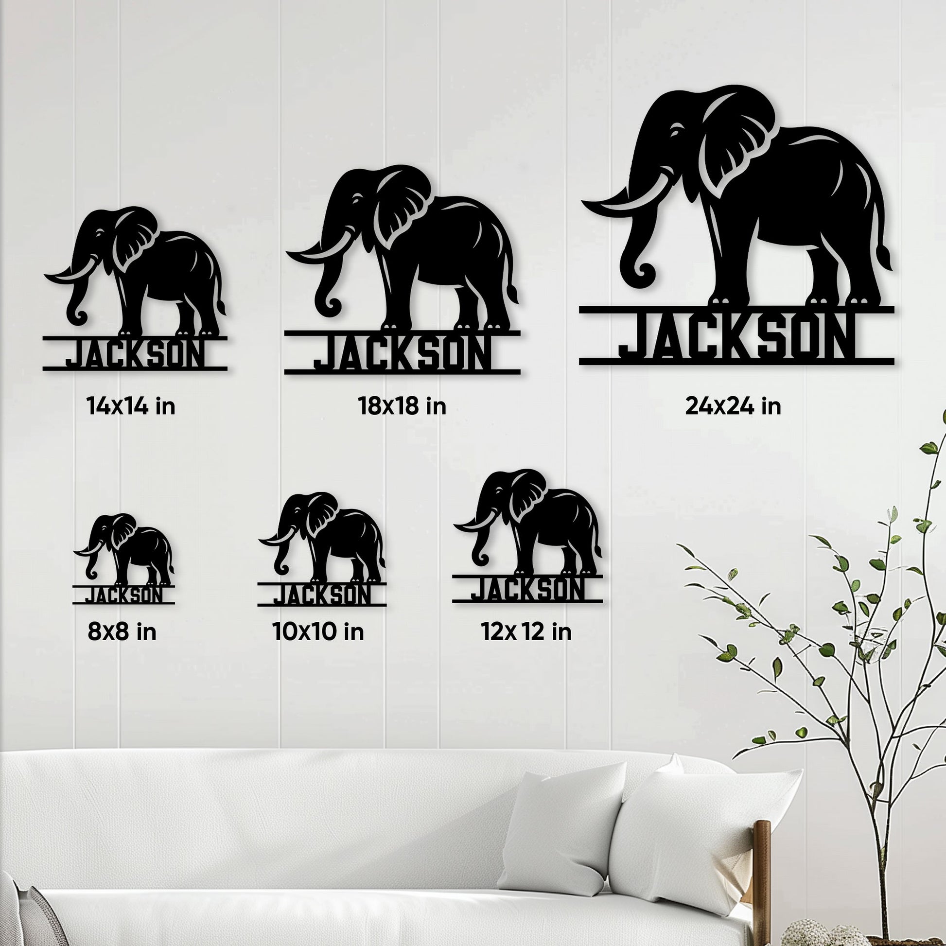 Elephant metal sign size guide showing six available square sizes from 8 by 8 to 24 by 24 inches