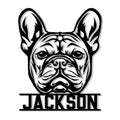 Custom French Bulldog metal sign with a bold black-and-white Frenchie portrait and personalized lettering