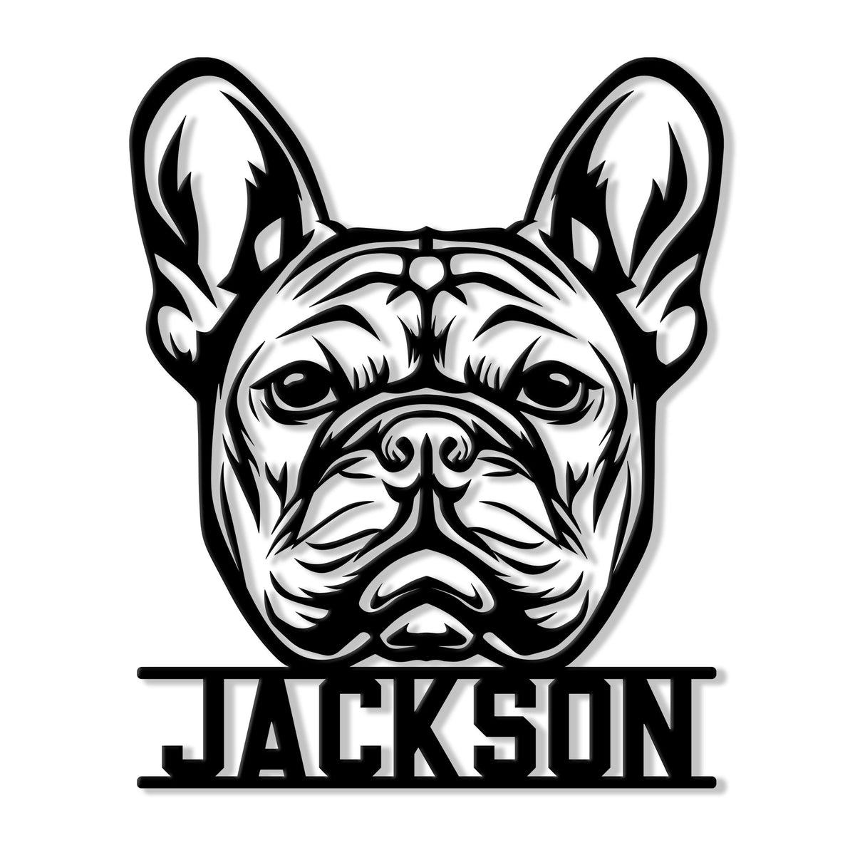 Custom French Bulldog metal sign with a bold black-and-white Frenchie portrait and personalized lettering