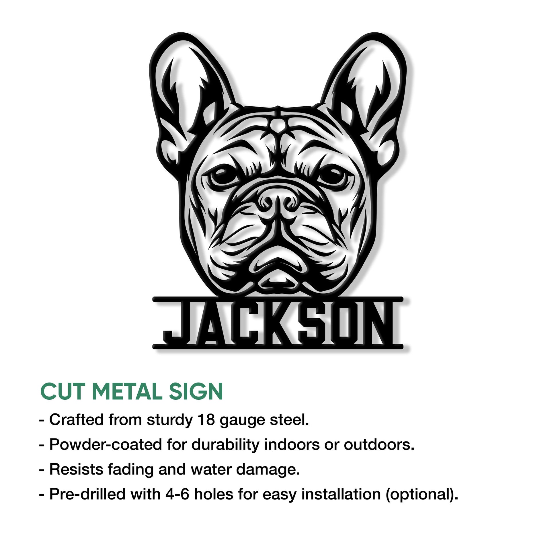 French Bulldog cut metal sign feature graphic showing the portrait design and available product details