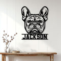 French Bulldog metal wall sign displayed on a bright paneled wall above a wooden console table