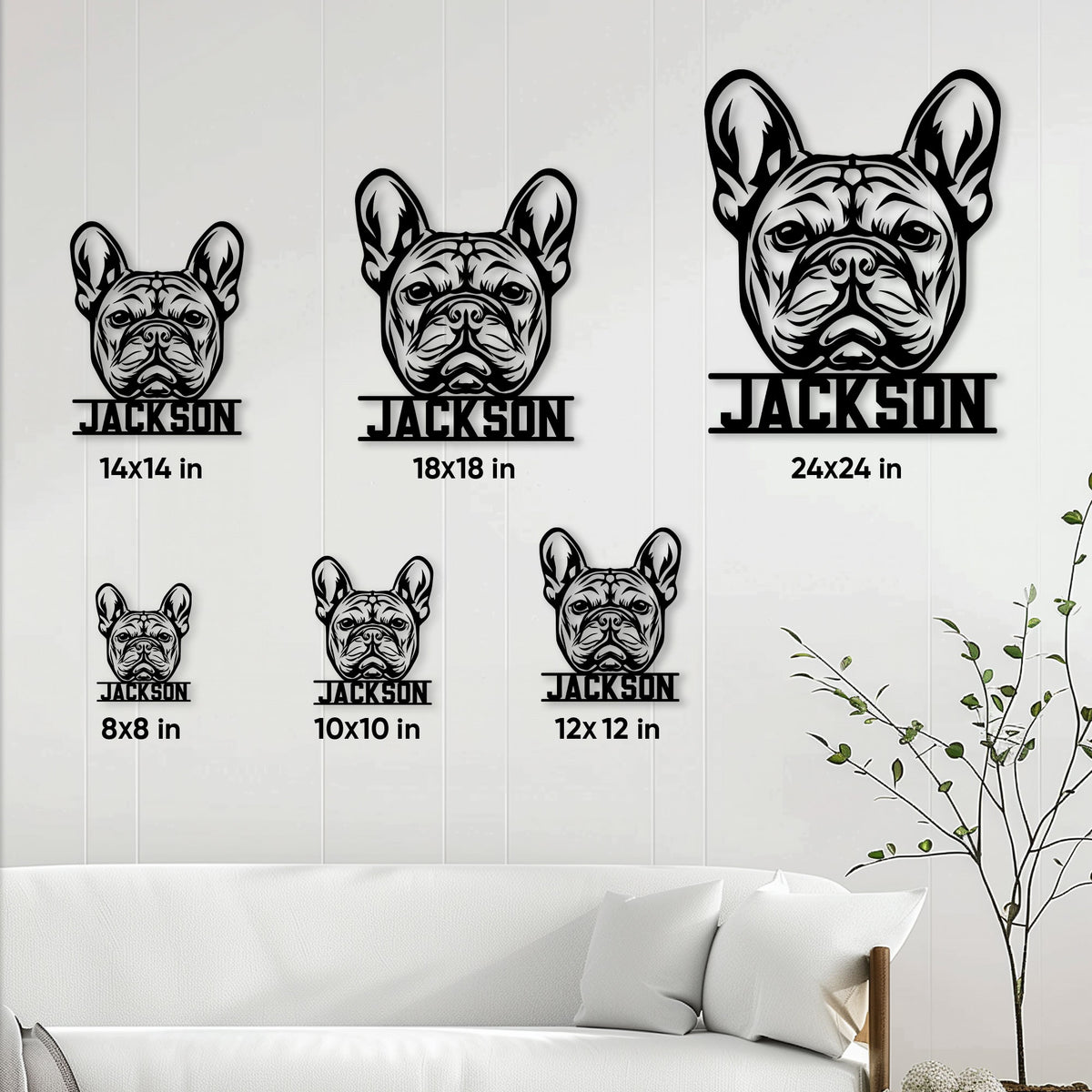 French Bulldog metal sign size guide showing multiple square size options in a living room setting