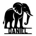 Black elephant silhouette cut metal sign with a bold decorative base design