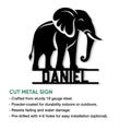 Elephant silhouette metal sign shown in a product feature graphic for indoor or outdoor decor