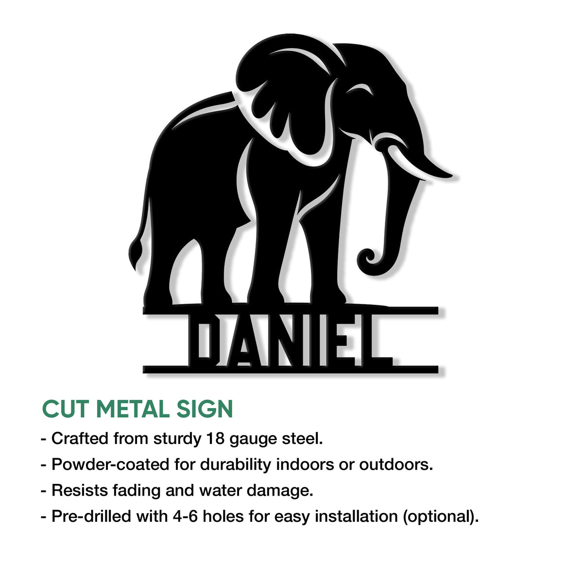 Elephant silhouette metal sign shown in a product feature graphic for indoor or outdoor decor