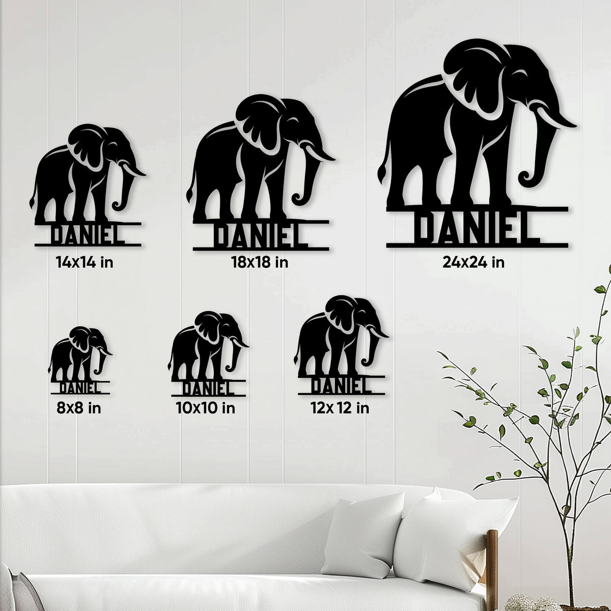 Elephant metal sign size guide showing available sizes from 8x8 inches to 24x24 inches