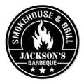 Round BBQ metal sign with a bold flame emblem, smokehouse and grill theme, and star accents