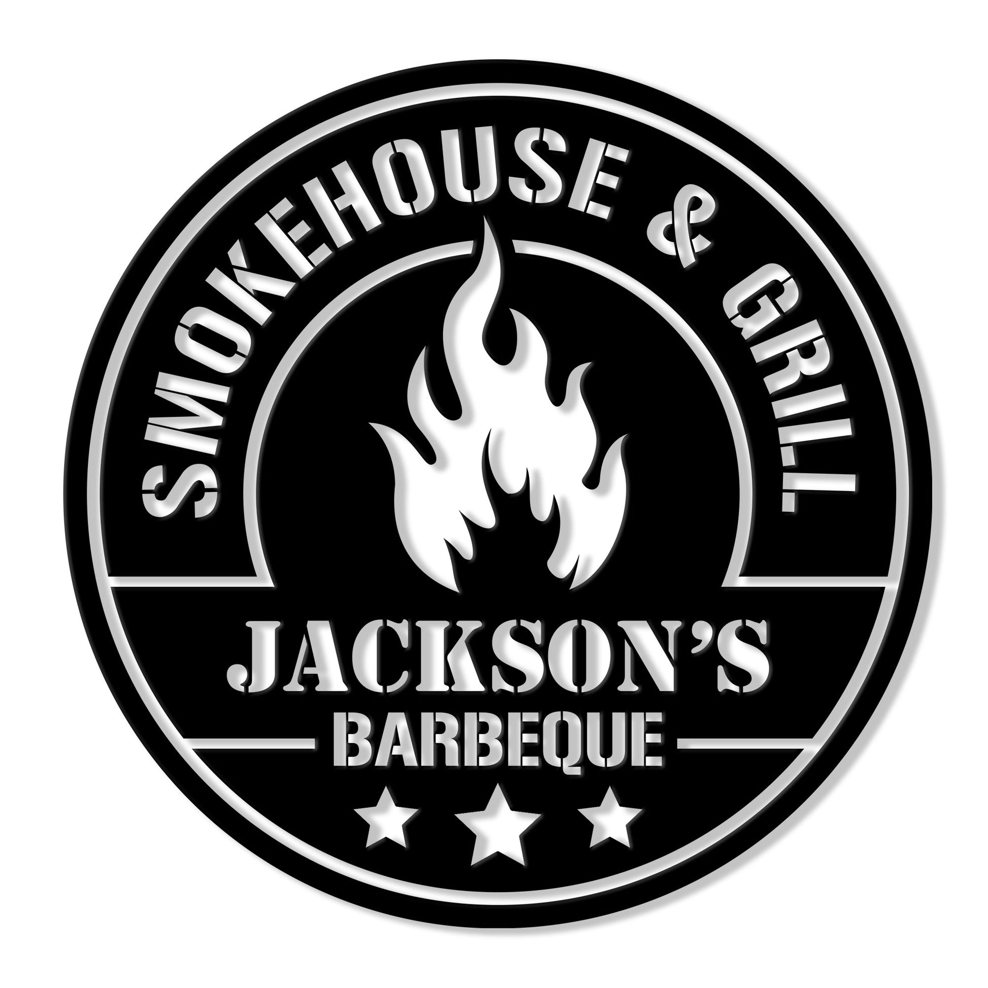 Round BBQ metal sign with a bold flame emblem, smokehouse and grill theme, and star accents