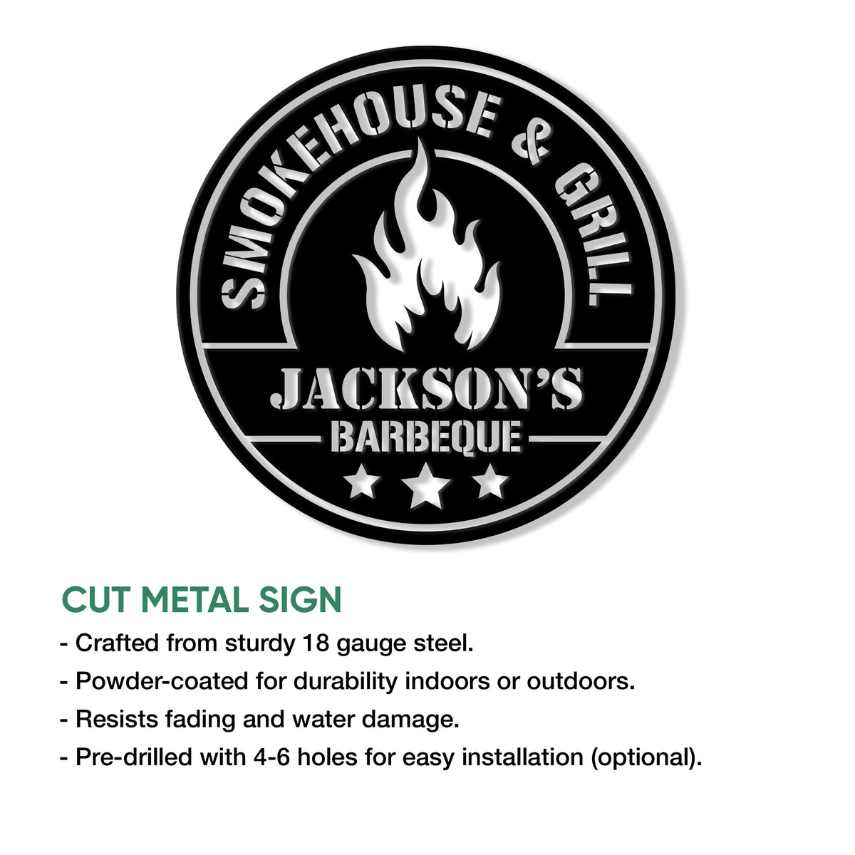 Cut metal BBQ sign featuring a circular smokehouse badge, central flame design, and grill decor style