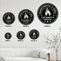 BBQ metal sign size guide showing round sign options from 8 by 8 to 24 by 24 inches