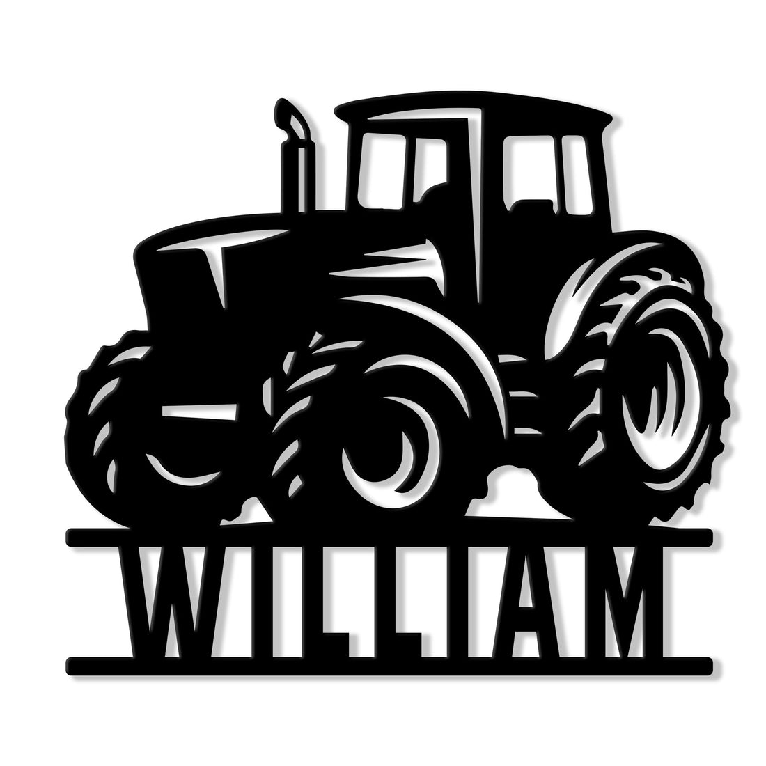Black tractor silhouette metal sign with large tires and a personalized lower name design