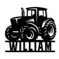 Black tractor silhouette metal sign with large tires and a personalized lower name design