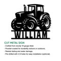 Close-up tractor metal wall sign showing bold farm equipment artwork and a custom design