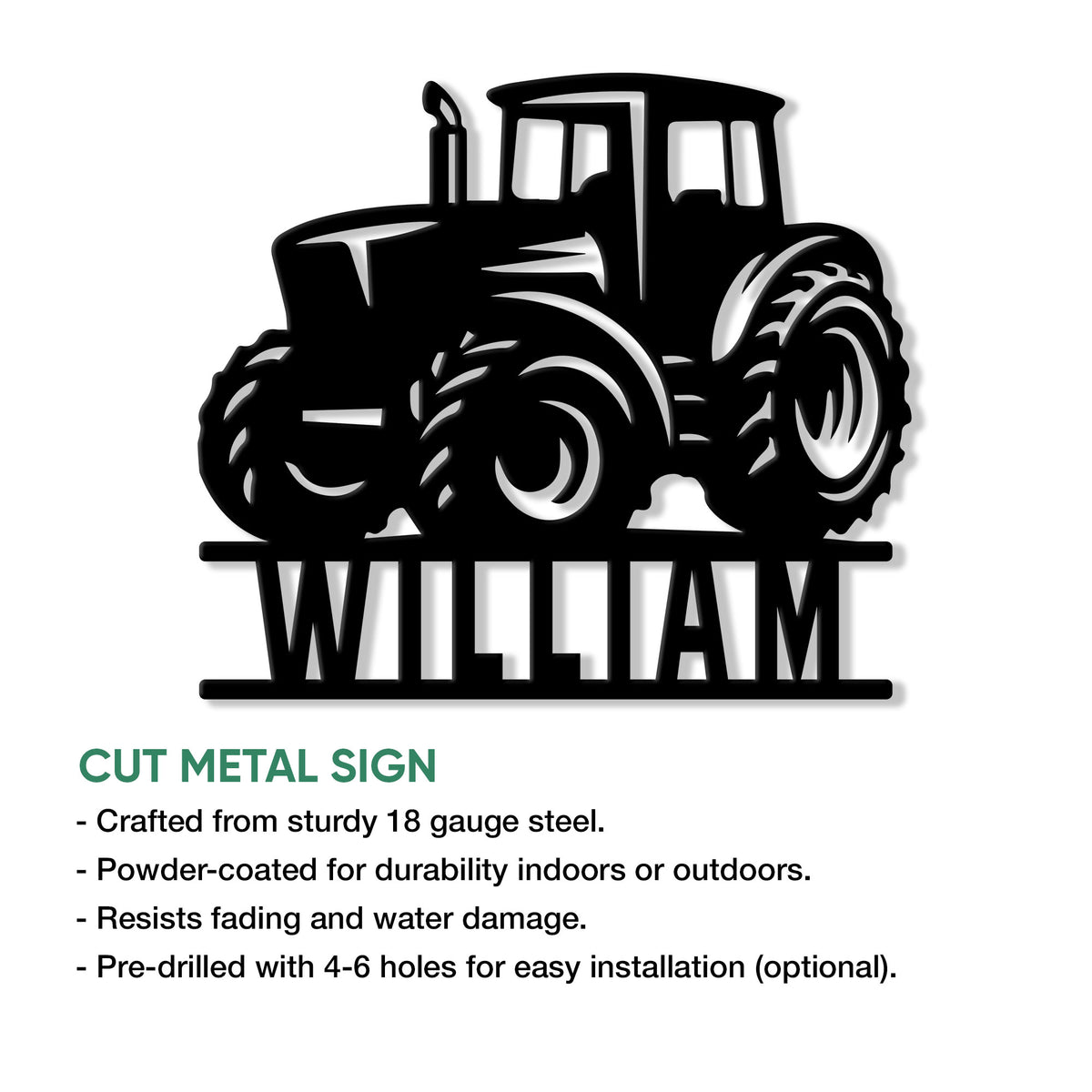 Close-up tractor metal wall sign showing bold farm equipment artwork and a custom design