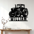 Tractor metal sign displayed on a white paneled wall above a rustic console table