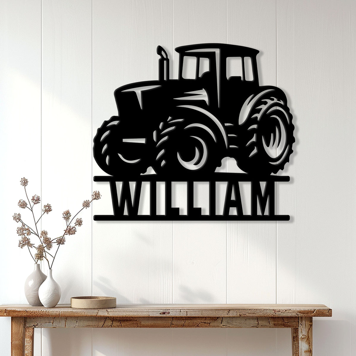 Tractor metal sign displayed on a white paneled wall above a rustic console table