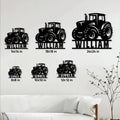 Tractor metal sign size guide showing multiple available dimensions in a farmhouse setting